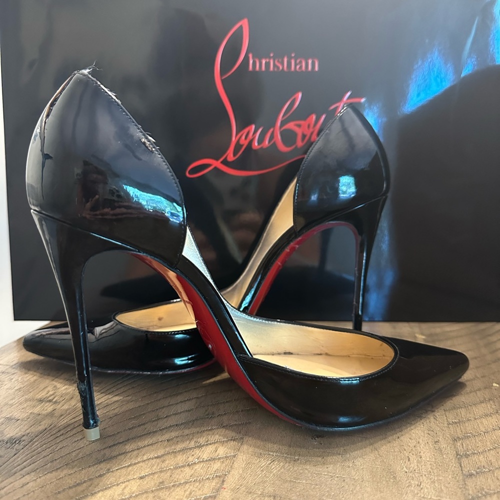 Christian Louboutin Black Patent Pointed-Toe Stilettos with Red Soles